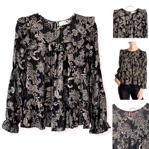 NEW Blouse Boho Tiered Ruffle Hem Swing Long Sleeves Crew Neck Elastic Cuffs